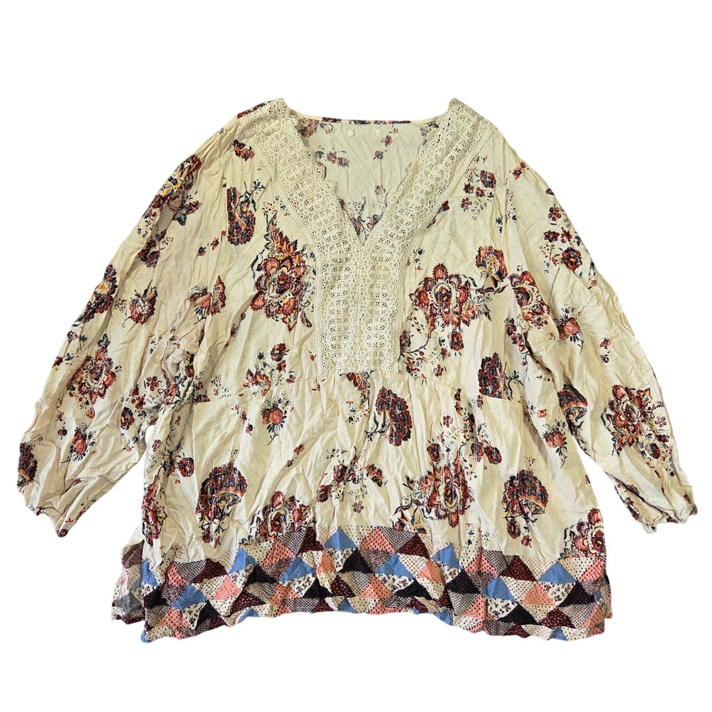 Maurices Boho Floral Crochet Lace V-Neck Babydoll Blouse Cream Top Western Boho